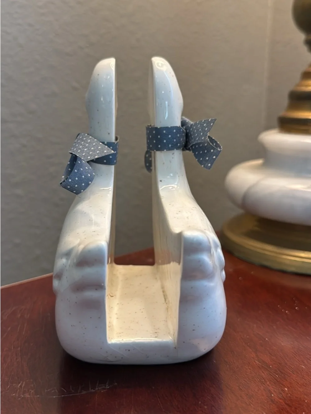 VTG Ceramic Goose Napkin Holder with Polka Dot Bow - White & Yellow